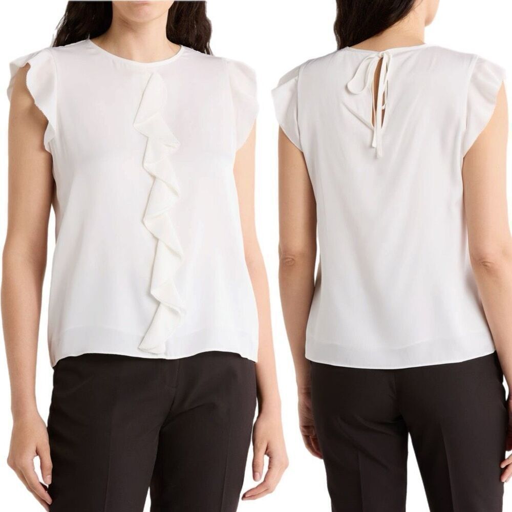 NWT Elie Tahari “Anya” ruffle cap sleeves silk blend top in white Size L